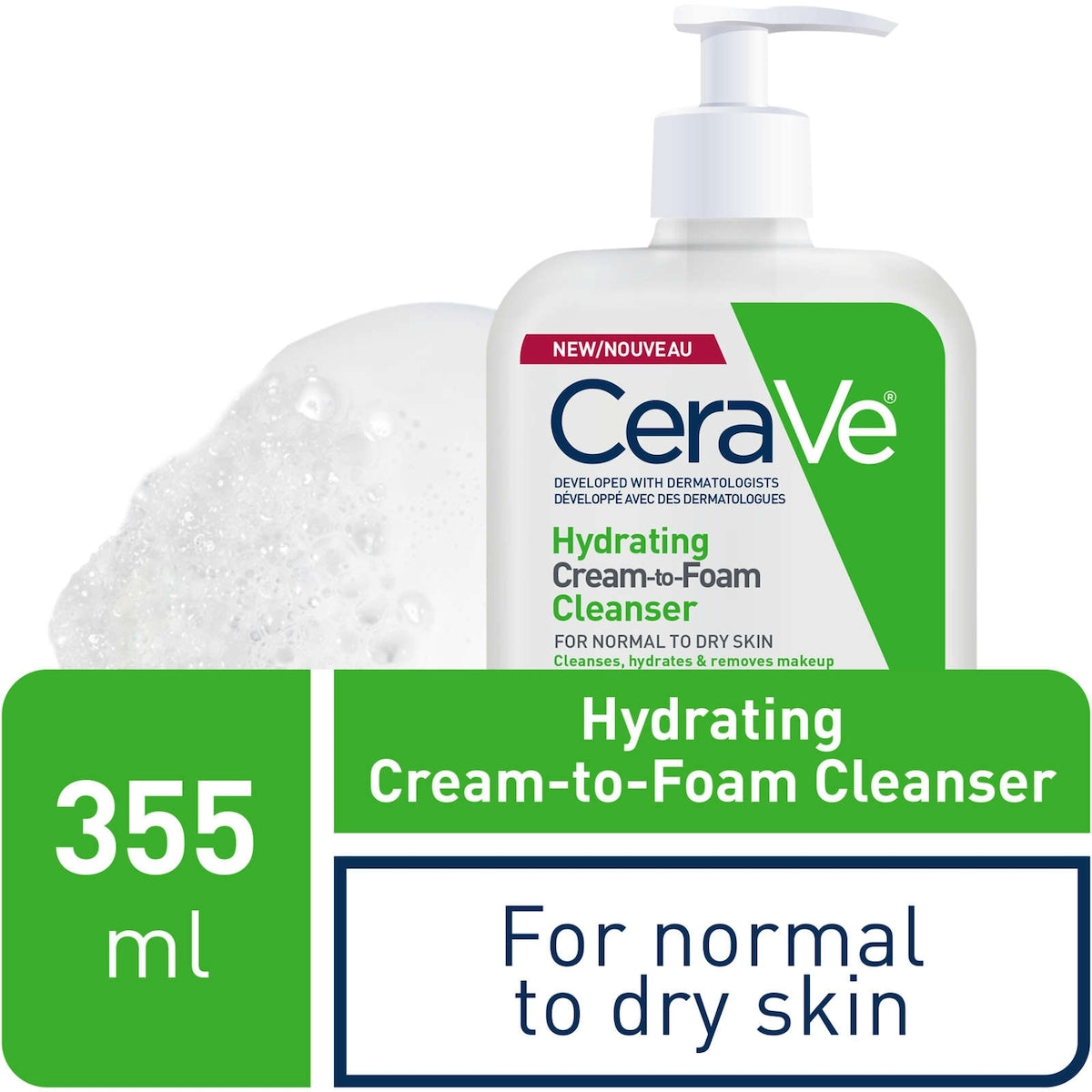 Cerave Hydrating Cream-to-Foam Cleanser Makeup Remover and Face Wash With Hyaluronic Acid