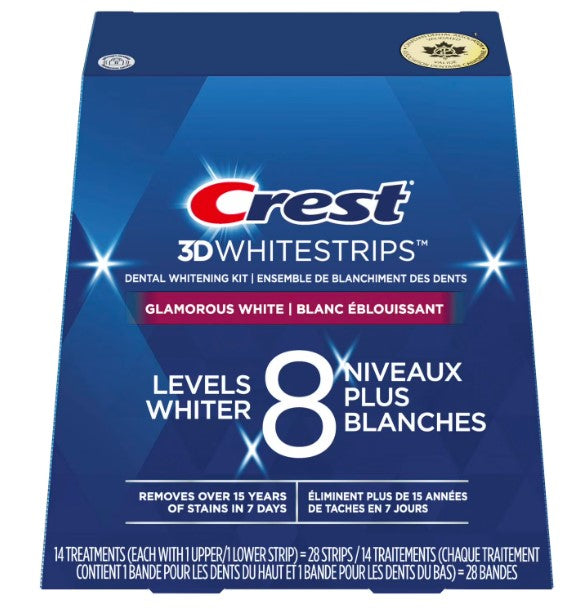 Crest 3D Whitestrips Glamorous White At-home Teeth Whitening Kit, 8 Levels Whiter, 14 Treatments